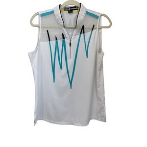 Jamie Sadock Size L White Turquoise Geometric Mesh 1/4 Zip Golf Top Sleeveless